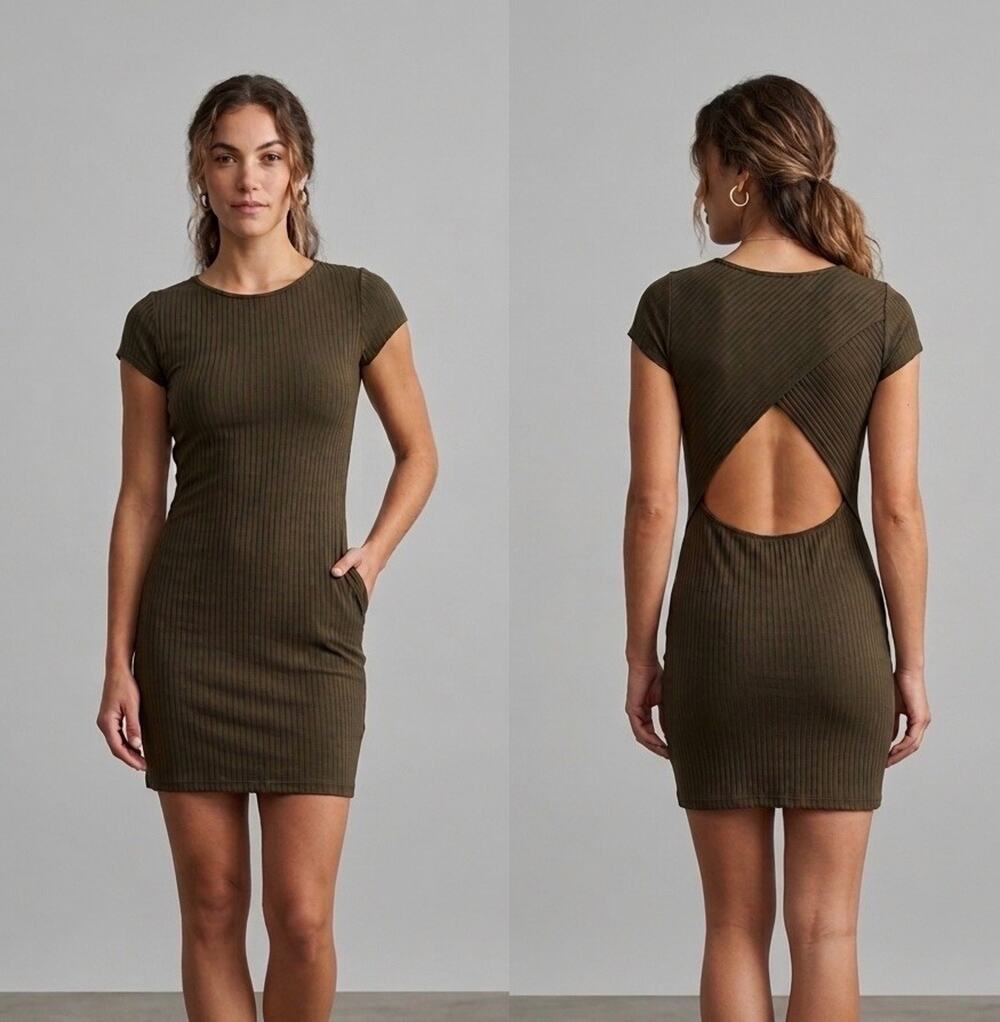 BLACK/BEAD Olive Green Ribbed Open Cutout Back Bodycon Mini Dress Small
